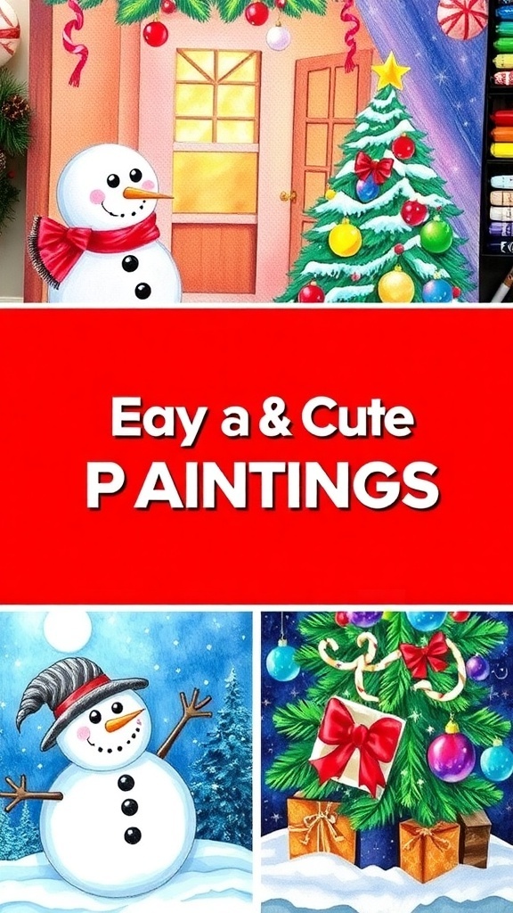 A collection of cute Christmas paintings including a snowman, Christmas tree, and ornaments.